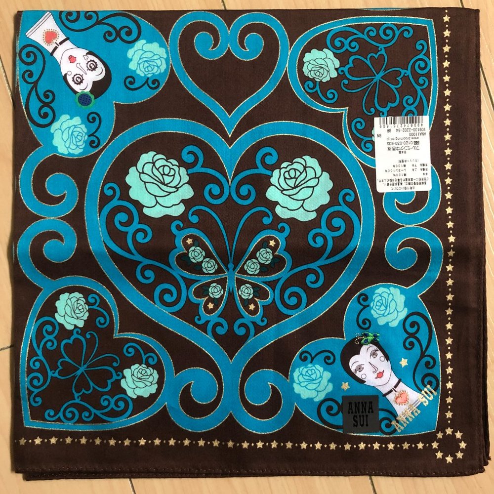 New Anna Sui Cotton Scarf Handkerchief Bandana Dolls Roses Butterfly Blue